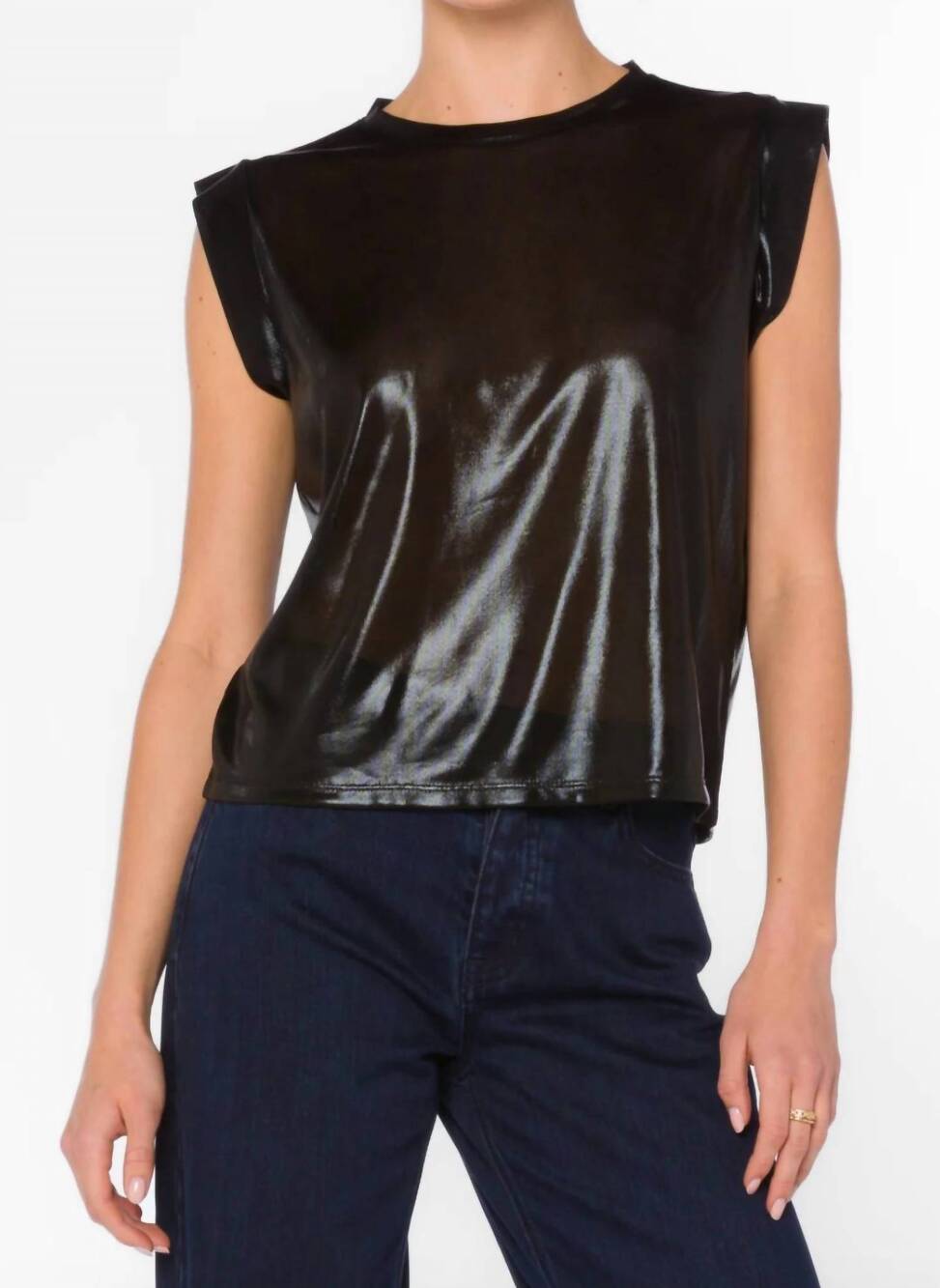 NEW VELVET HEART shiny foil crewneck muscle top in black